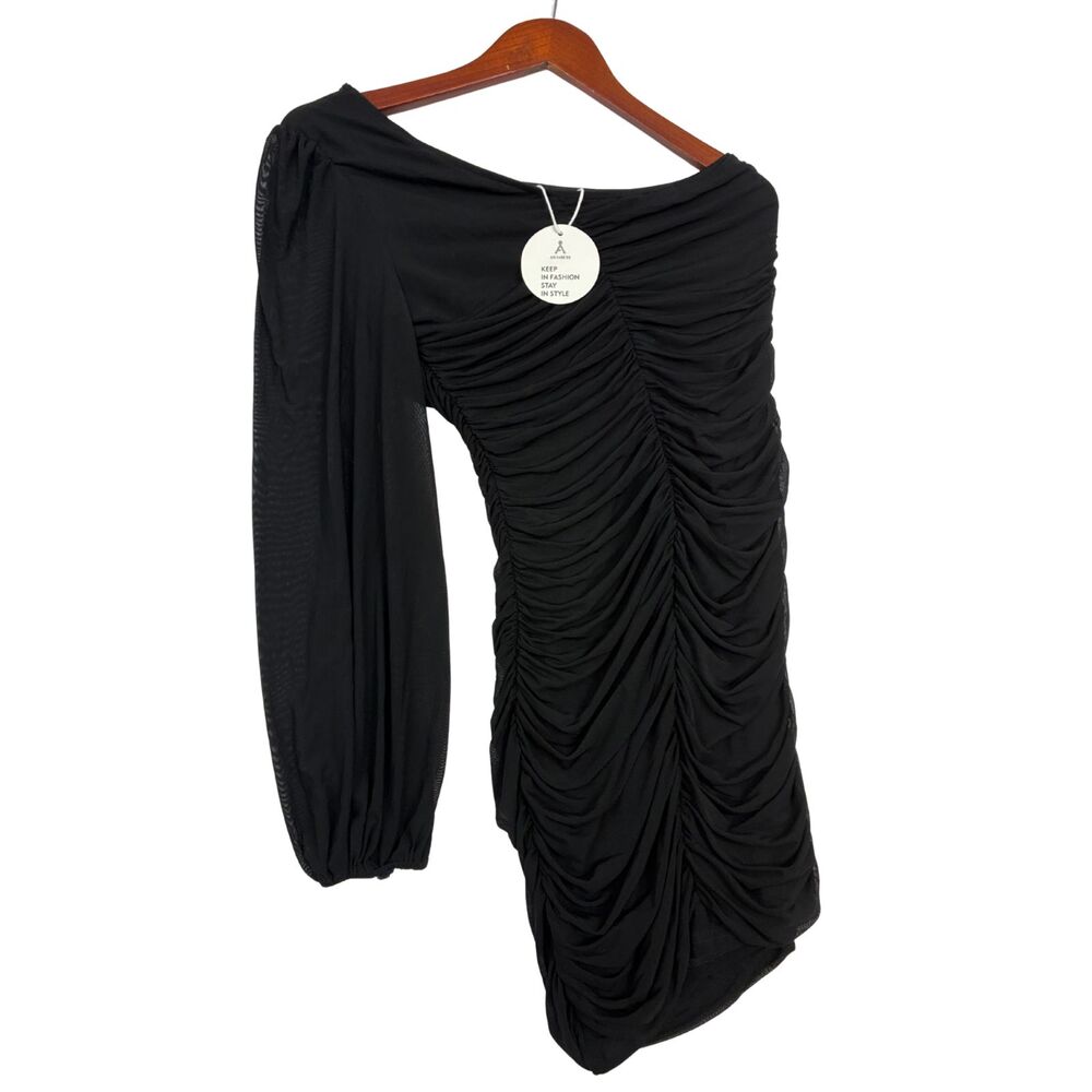 ANRABESS Womens Black Ruched Bodycon Dress Size M One Shoulder Mesh Long Sleeve